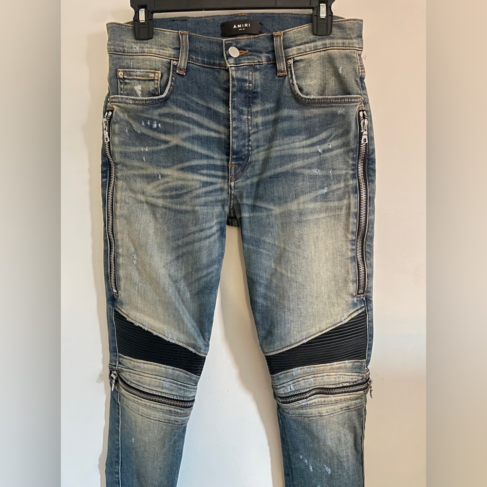 NEW 32 AMIRI MX2 Indigo Blue Moto Biker Zipper Jeans Leather Knees Cobrax RIRI